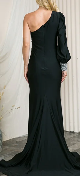 Green prom dress, black formal dress, one shoulder, sleeve, long dress